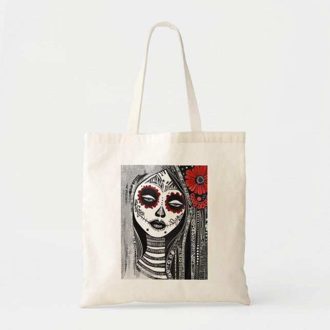 Bolsa Tote Saco de Tote La Catrina Estilizado em Vermelho, Pr (Frente)
