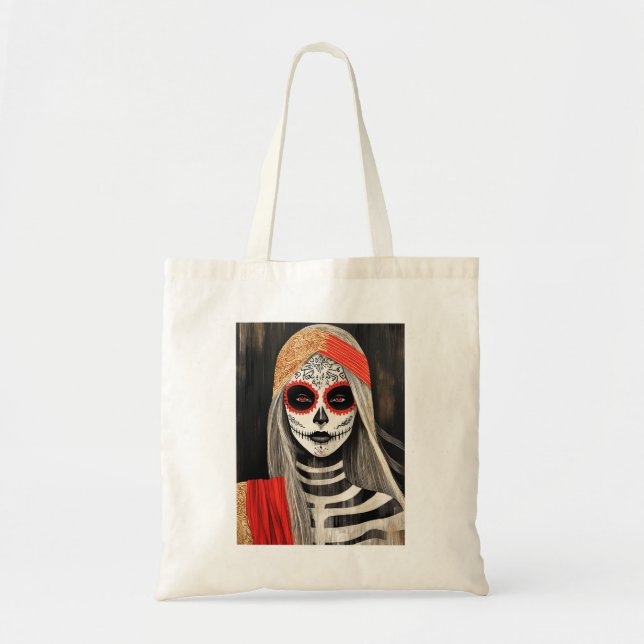 Bolsa Tote Saco de Tote La Catrina Estilizado em Vermelho, Pr (Frente)