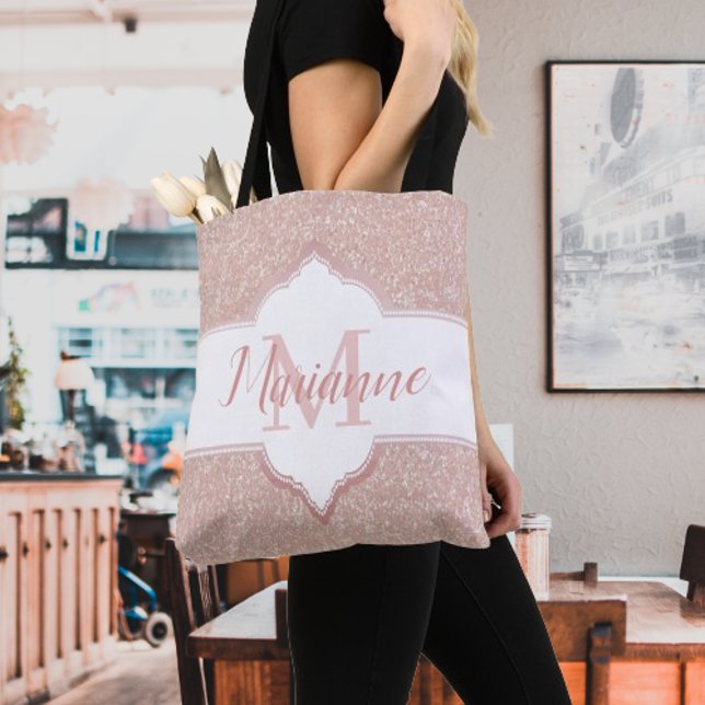 Bolsa Tote Saco do Monograma com Largura Rosa (Pink Glitter Monogram Tote Bag)