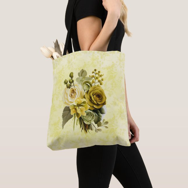 Bolsa Tote Saco do Ombro Floral Dourado Amarelo Verde (Close Up)