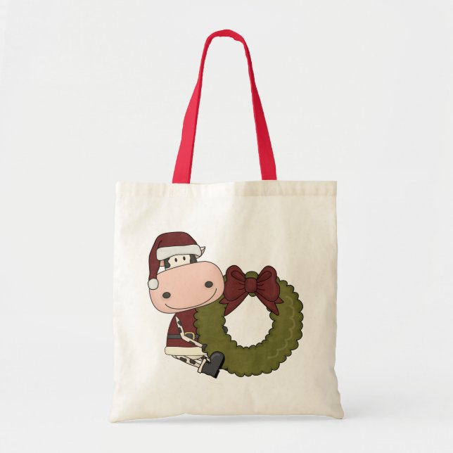 Bolsa Tote Saco do presente da vaca da grinalda do Natal (Frente)
