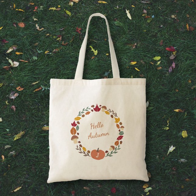 Bolsa Tote Saco do Toque Monograma de Fall Wreath (Fall Wreath Monogram Tote Bag)