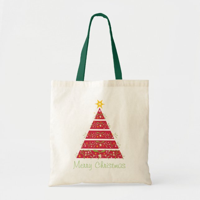 Bolsa Tote Saco do vermelho do Feliz Natal da árvore de Natal (Frente)