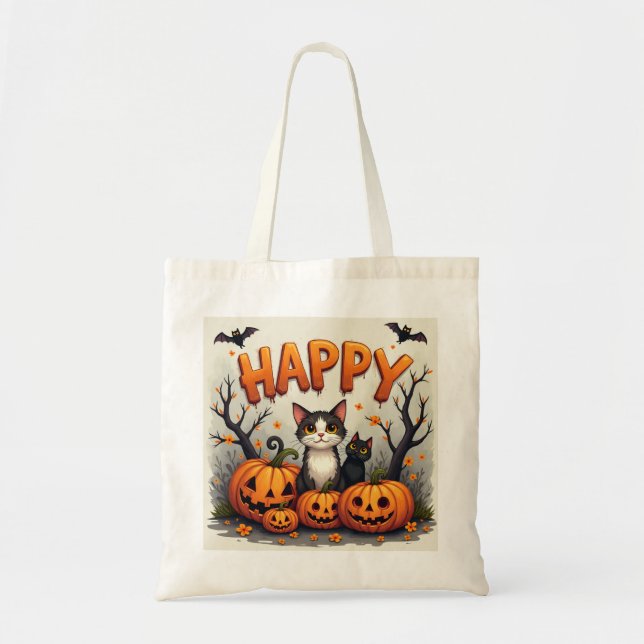 Bolsa Tote Saco ecológico de gato Feliz Halloween (Frente)