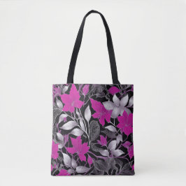 Bolsa Tote Saco Floral Chic com Folhas Rosa e Prateada