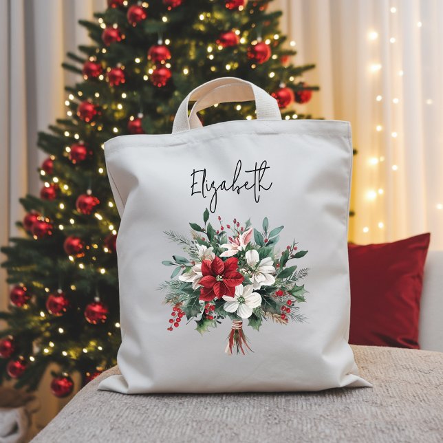 Bolsa Tote Saco Floral de Buquê de Natal para Mulheres ou Col (Christmas bouquet tote bag, Christmas floral tote for Women, bulk Christmas gift idea for coworker,)