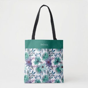 Bolsa Tote Saco Floral de Tota com Aquarela Teal