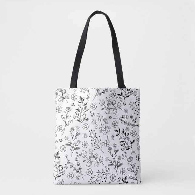 Bolsa Tote Saco Floral Mínimo Preto e Branco (Frente)