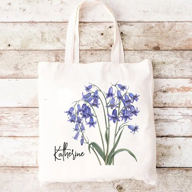 Bolsa Tote Saco Floral Personalizado, Presente de Aniversário (watercolor bluebell tote, bluebell flower tote bag, personalized tote bag, floral gift for her,)