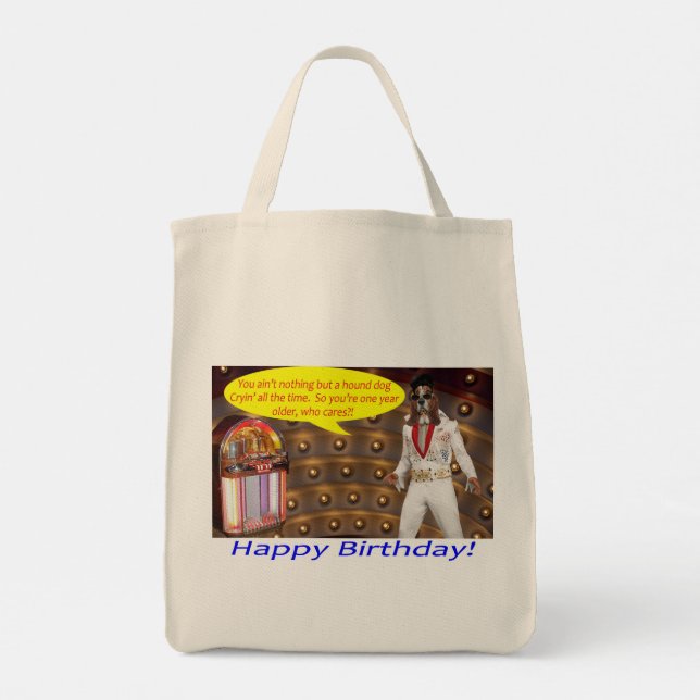 Bolsa Tote saco jumbo. Feliz Aniversário. elvis/ cão de caça (Verso)