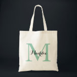 Bolsa Tote Saco Monograma Inicial, Verde Mint e Preto<br><div class="desc">Um saco de tote de excelente para quase qualquer um! Este saco tem um grande nome inicial e um nome de solteiro. Adicione suas informações no formulário de modelo. Use o recurso Personalizar para alterar a cor,  o estilo,  o tamanho ou a posição da fonte.</div>
