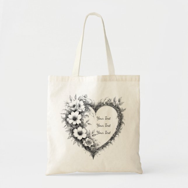 Bolsa Tote Saco Personalizado com Desenho de Coração Botânico (Frente)