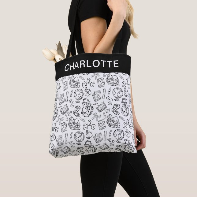 Bolsa Tote Saco Personalizado Preto e Branco de Professora de (Close Up)