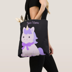 Bolsa Tote Saco preto personalizado Unicórnio Arco Roxo Fofo