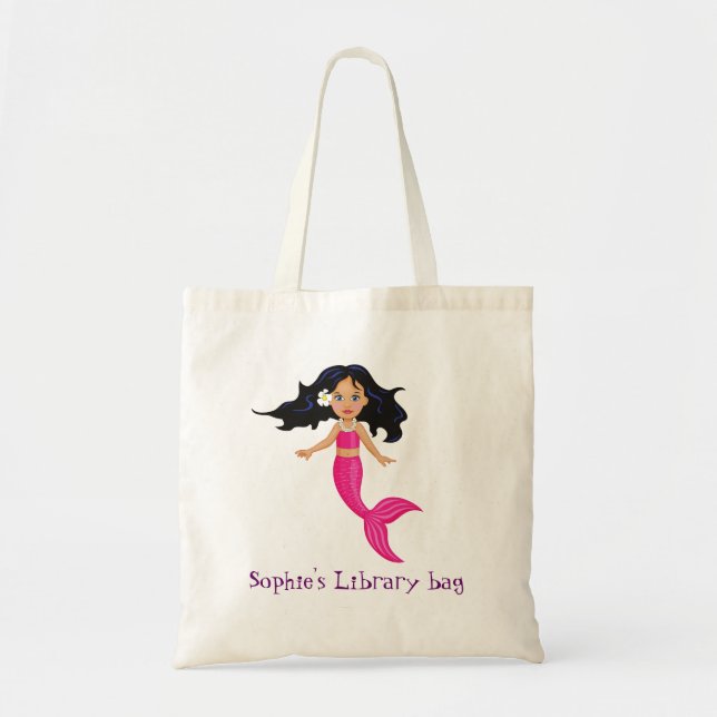 Bolsa Tote Saco rosa da biblioteca de nomes de Sereia (Frente)