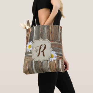 Bolsa Tote Saco Rustic Barnwood and Daisies (CUSTOM INITIAL)
