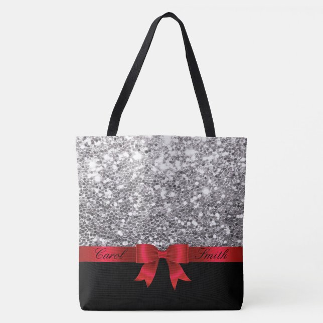 Bolsa Tote Saco Silver Glitter com nome personalizável (Frente)
