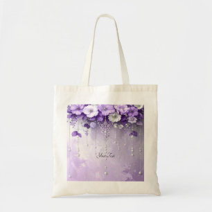 Bolsa Tote Saco Tote com Flores Roxas e Pérolas Penduradas
