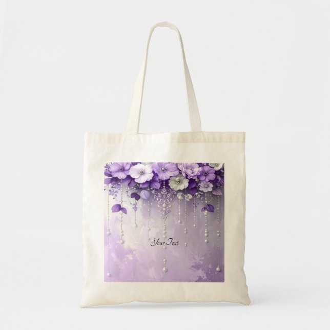 Bolsa Tote Saco Tote com Flores Roxas e Pérolas Penduradas (Frente)
