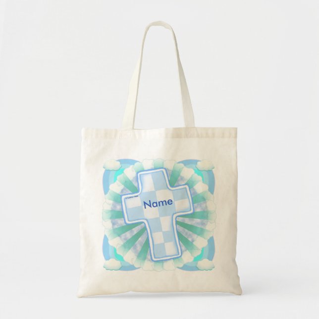 Bolsa Tote Saco tote Cruz Cristã de Xadrez Azul (Frente)