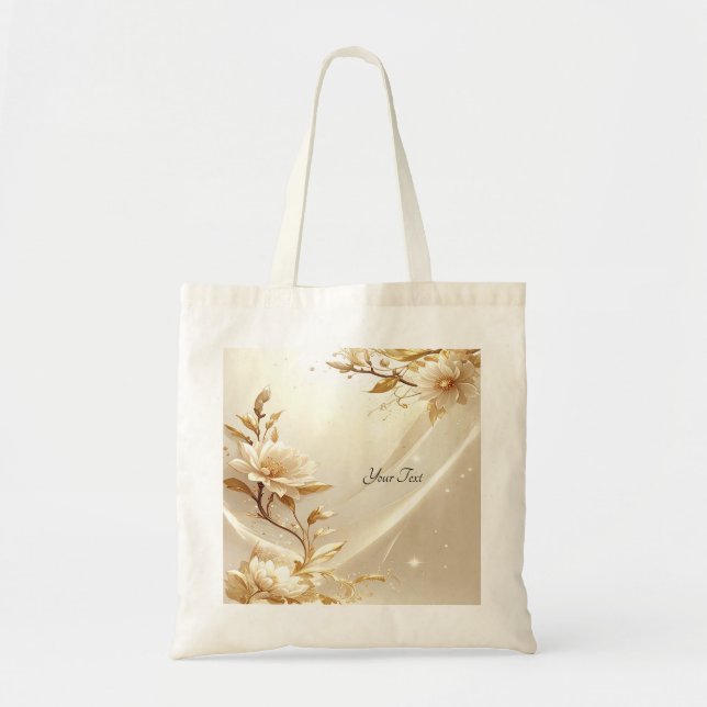 Bolsa Tote Saco Tote de Flores Brancas e Douradas (Frente)