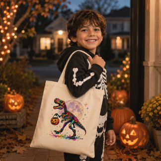 Bolsa Tote Saco Tote de Halloween com T-Rex Esqueleto e Truqu