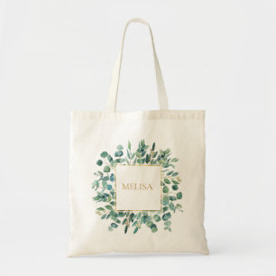 Bolsa Tote Saco Tote de Verde Folhagem Dourada Botânica Eucal