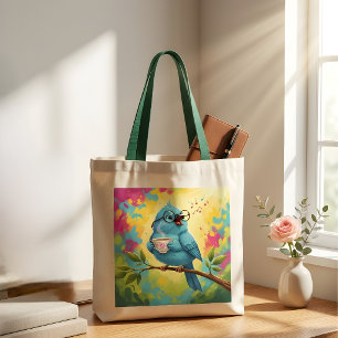 Bolsa Tote Saco Tote Pássaro Azul Cantando Fofo Amor de Caf