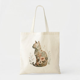 Bolsa Tote Saco Tote Silhueta de Gato Flores Boho Silvestres