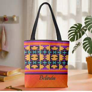 Bolsa Tote Saco Tribal Laranja, Roxo, Amarelo e Azul Abstrato
