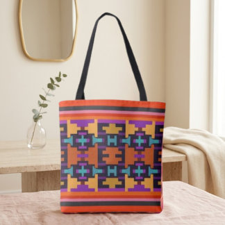 Bolsa Tote Saco Tribal Laranja, Roxo, Amarelo e Azul Abstrato