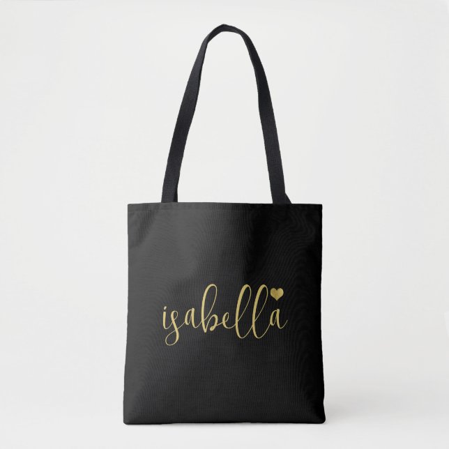 Bolsa Tote Sacol preto de nome de script dourado para damas d (Frente)