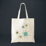 Bolsa Tote Sacola atômica icónica de Starbursts<br><div class="desc">Este teste padrão atômico icónico da sacola de Starbursts caracteriza starbursts atômicos icónicos. Isso é direito! A velha escola, o fundo colorido de creme com salpicos do ouro é o contexto perfeito para a turquesa vibrante, o aipo reconfortante, e os círculos coloridos do verde kitschy da pera. Os pontos da...</div>