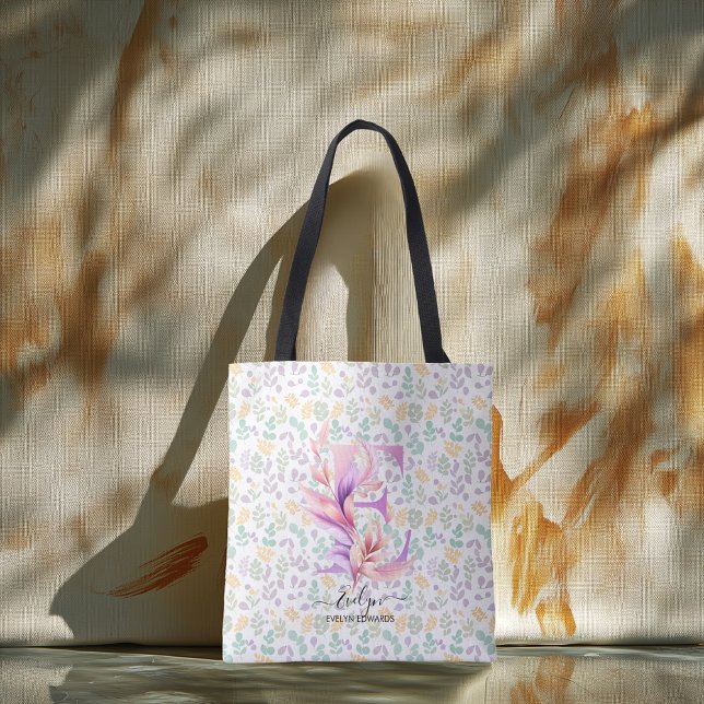Bolsa Tote Sacola com Monograma Floral de Evelyn com Fundo Ja (Criador carregado)