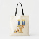 Bolsa Tote Sacola de Hanukkah<br><div class="desc">Sacola do orçamento de Hanukkah um bolsa disponível,  favorável ao meio ambiente! Excelente para livros ou mantimentos levando. O design magro permite o armazenamento fácil. 100% algodão,  costura reforçada nos punhos. Dimensões: 15, 75" h x 15, 25" W.</div>