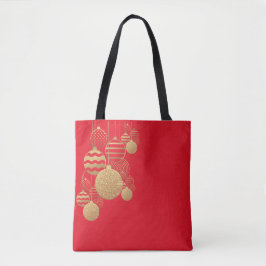 Bolsa Tote Sacola de Natal com bolas em fundo vermelho
