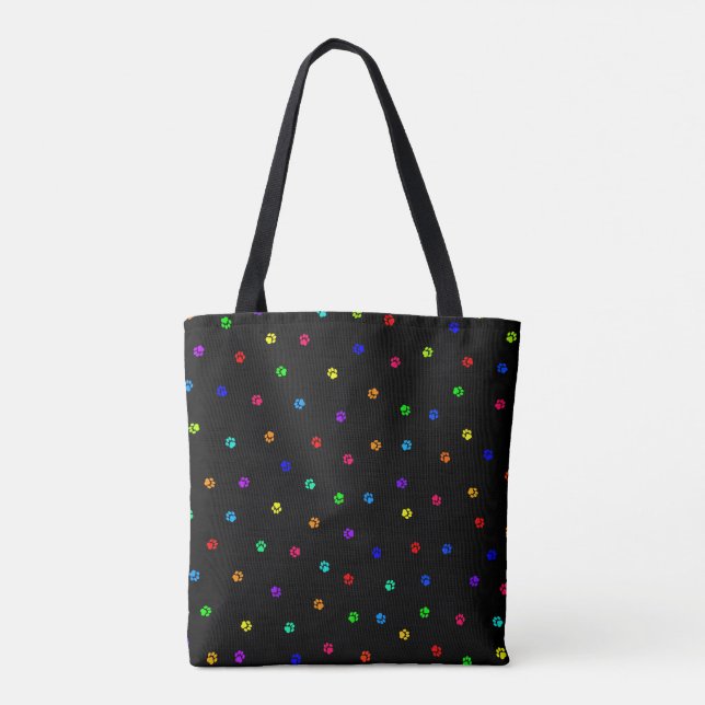 Bolsa Tote Sacola de Pawprint do arco-íris com fundo preto (Verso)