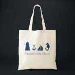 Bolsa Tote Sacola náutica personalizada da silhueta<br><div class="desc">Esta sacola náutica personalizada caracteriza quatro estêncis ou silhuetas dos azuis marinhos. Um farol, uma âncora, um barco de vela e um cavalo marinho. É apropriado para um partido de chá de fraldas náutico como um saco do carregando do presente fez o special adicionando o nome da mãe para ser....</div>