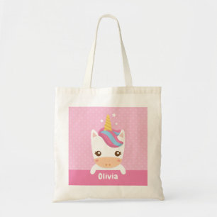 Bolsa Tote Sacola Personalizada Rosa Unicórnio Kawaii Infanti