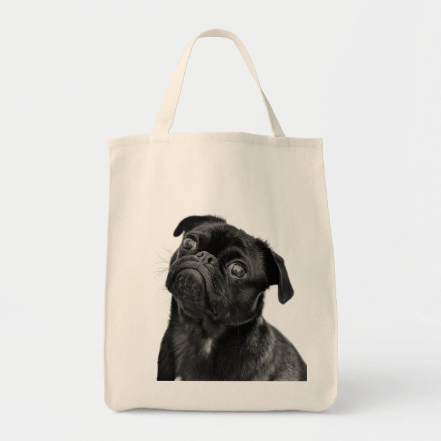 Bolsa Tote Sacola preta bonito da compra do Pug (Frente)
