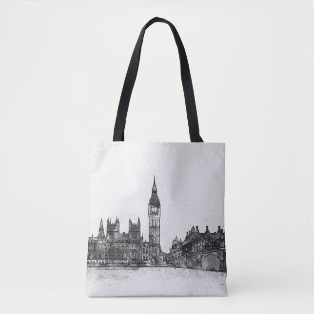 Bolsa Tote Sacola preta & branca da skyline de Londres (Frente)