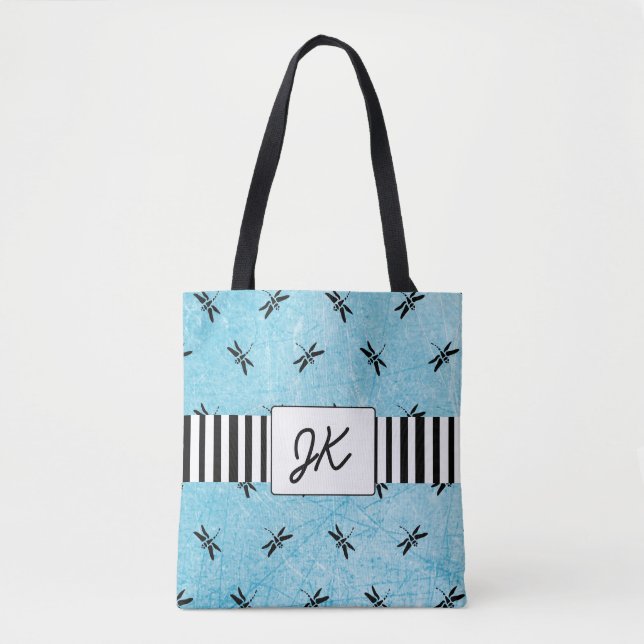 Bolsa Tote Sacola preta e azul da libélula Monogrammed (Frente)