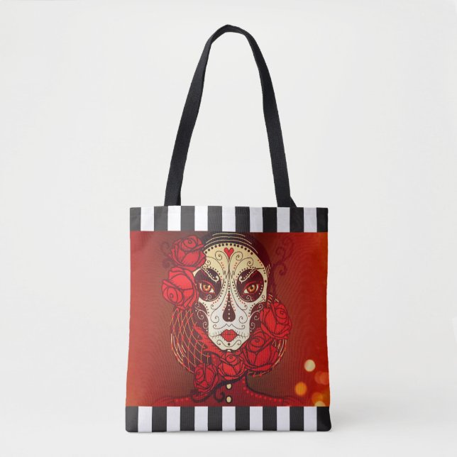 Bolsa Tote Sacola reusável da listra do calavera do crânio do (Frente)