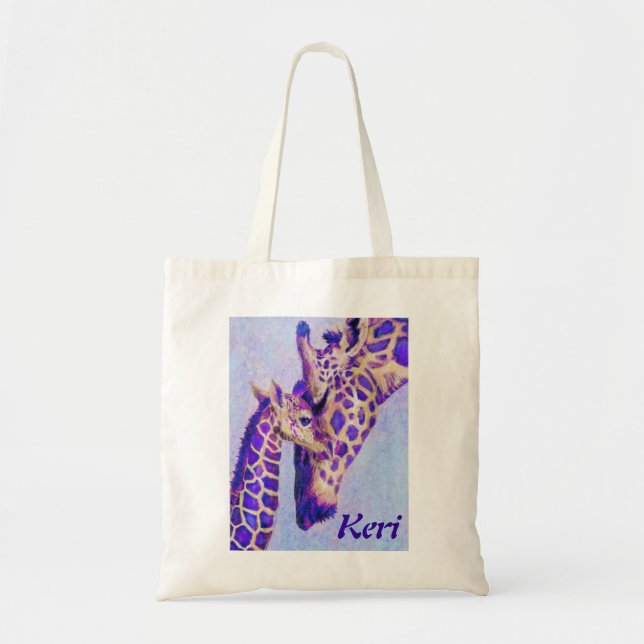 Bolsa Tote Sacola roxa de dois girafas (Frente)