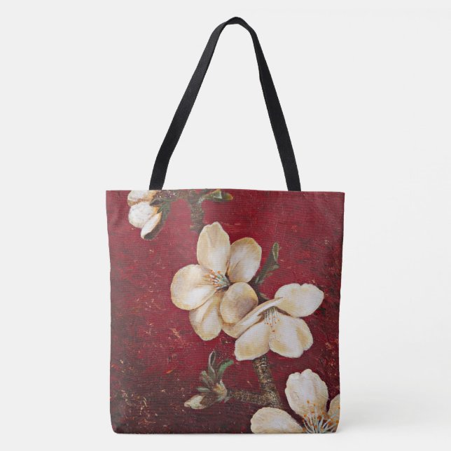 Bolsa Tote Sacola vermelha da flor da amêndoa (Frente)