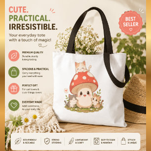 Bolsa Tote Sacolão de Gato Cogumelo Fofo – Kawaii Cottagecore
