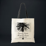 Bolsa Tote Sacolas feitas sob encomenda do casamento do<br><div class="desc">Sacola tropical do casamento de praia do destino feito sob encomenda. Design exótico da palmeira do beira-mar com seu texto original do lugar. Os bolsas monogrammed personalizados. Design elegante do palmtree com tipografia à moda do roteiro para o nome ou o monograma dos noivos mais a data do casamento e...</div>