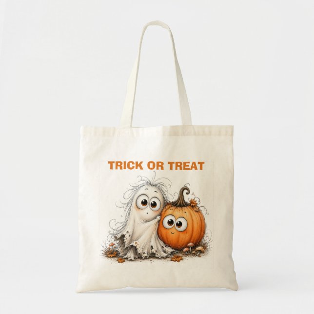 Bolsa Tote Sacolinha de Halloween de Fantasma e Abóbora Fofa  (Frente)