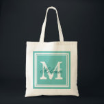 Bolsa Tote Sacos de festa de casamento de monograma azul-turq<br><div class="desc">Sacos de tota de festa de casamento azul-turquesa personalizados. Saco de tota monograma de nome personalizado | Fundo de cor personalizável. Design de logotipo elegante com iniciais de letras e quadro de borda do rico. Boa ideia de presente para noiva e noivas. Faça o seu para a moça de lenda,...</div>
