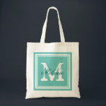 Bolsa Tote Sacos de festa de casamento de monograma azul-turq<br><div class="desc">Sacos de tota de festa de casamento azul-turquesa personalizados. Saco de tota monograma de nome personalizado | Fundo de cor personalizável. Design de logotipo elegante com iniciais de letras e quadro de borda do rico. Boa ideia de presente para noiva e noivas. Faça o seu para a moça de lenda,...</div>